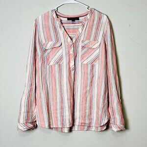 Tommy Hilfiger Striped Button Down Shirt‎ Women's Medium Pink Linen Blend Coral